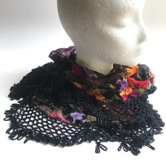 Large Triangular Floral Scarf / Wrap w Beaded Trim - Picture 1 of 12